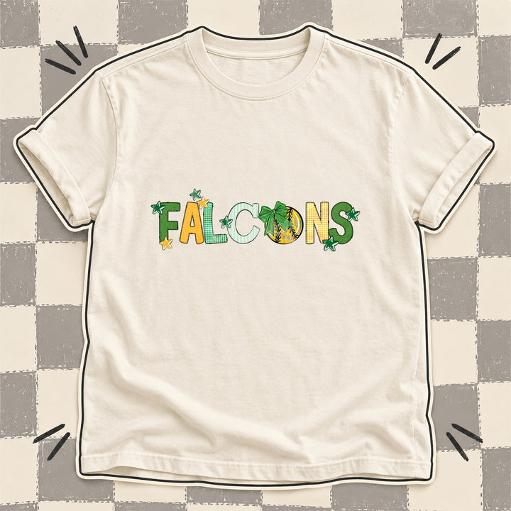 Falcons Green Yellow Gold White Mixed Doodle Softball Mascots – Mascot Colors DTF transfer mockup