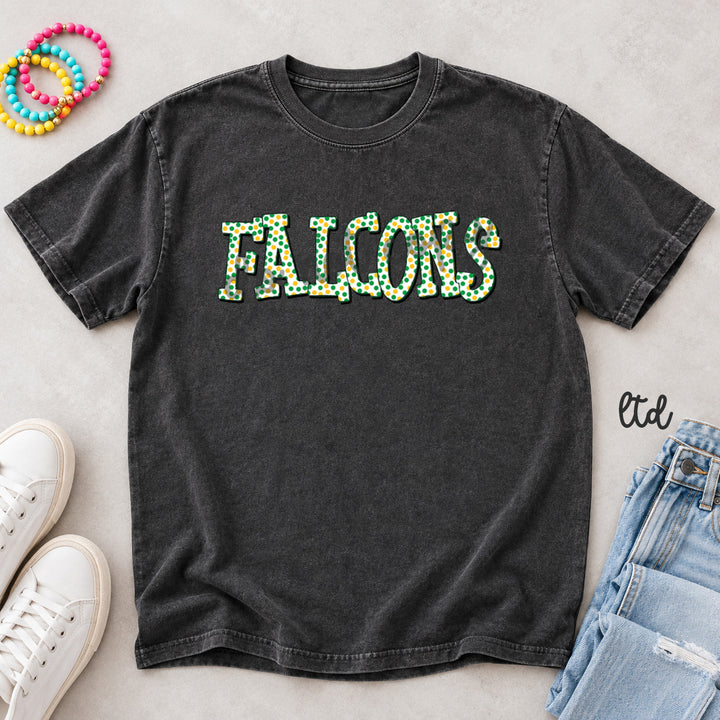 Falcons Kelly Green Yellow Gold Polka Dot Mascots DTF transfer mockup