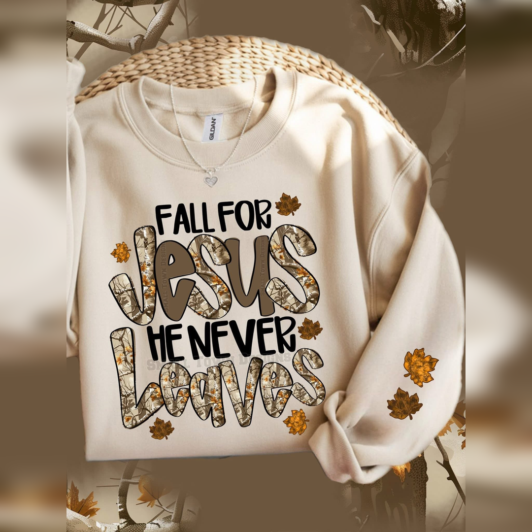 Fall for Jesus He Never Leaves – DTF Transfer – product image