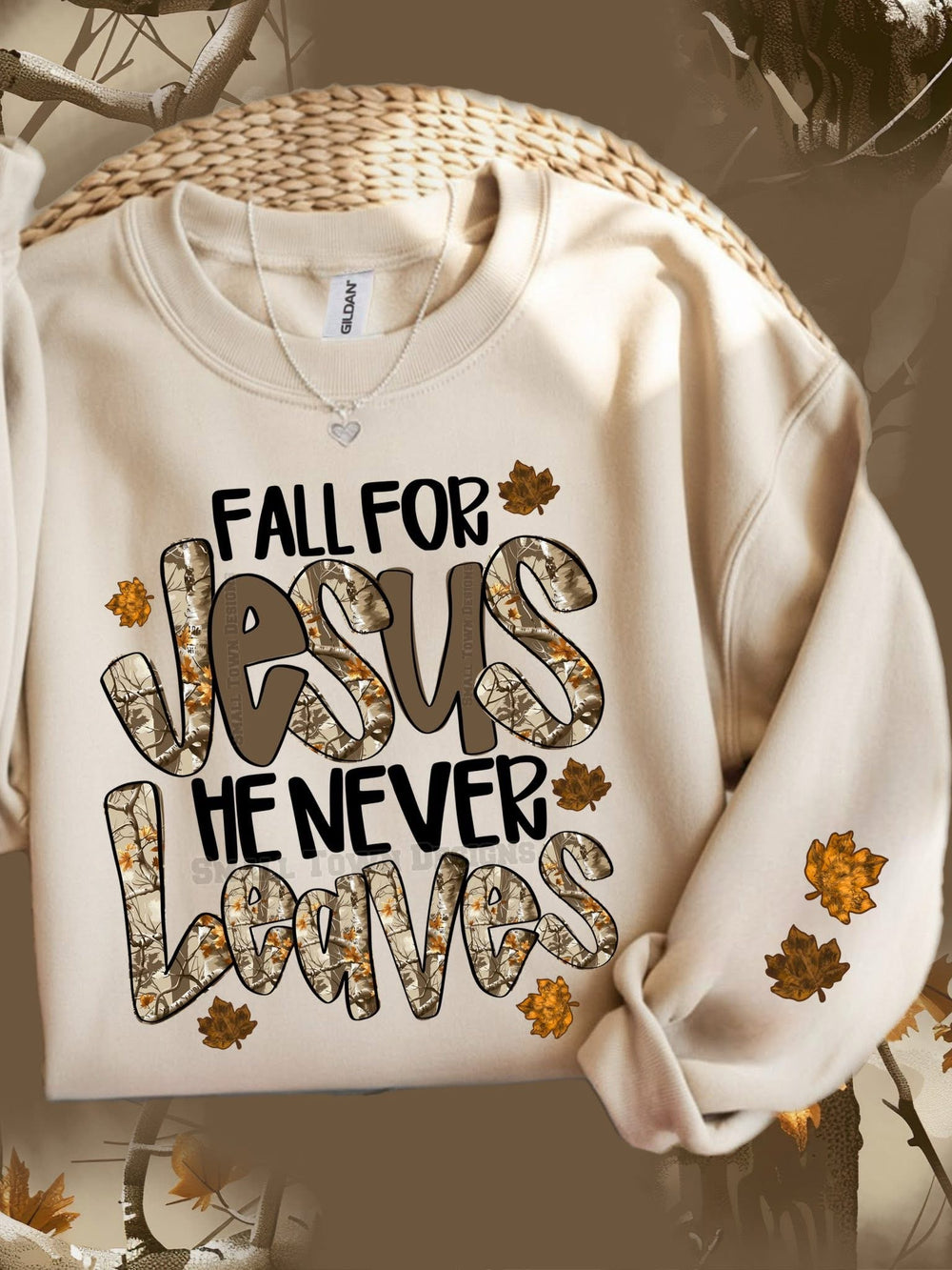 Fall for Jesus He Never Leaves DTF transfer design – image 1