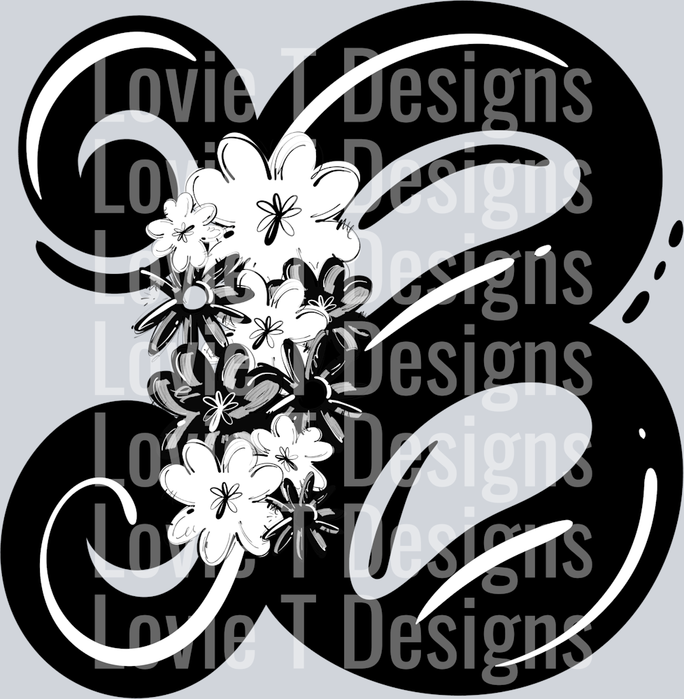 FANCY ALPHABET BLACK B WITH BLACK FLOWER CLUSTER