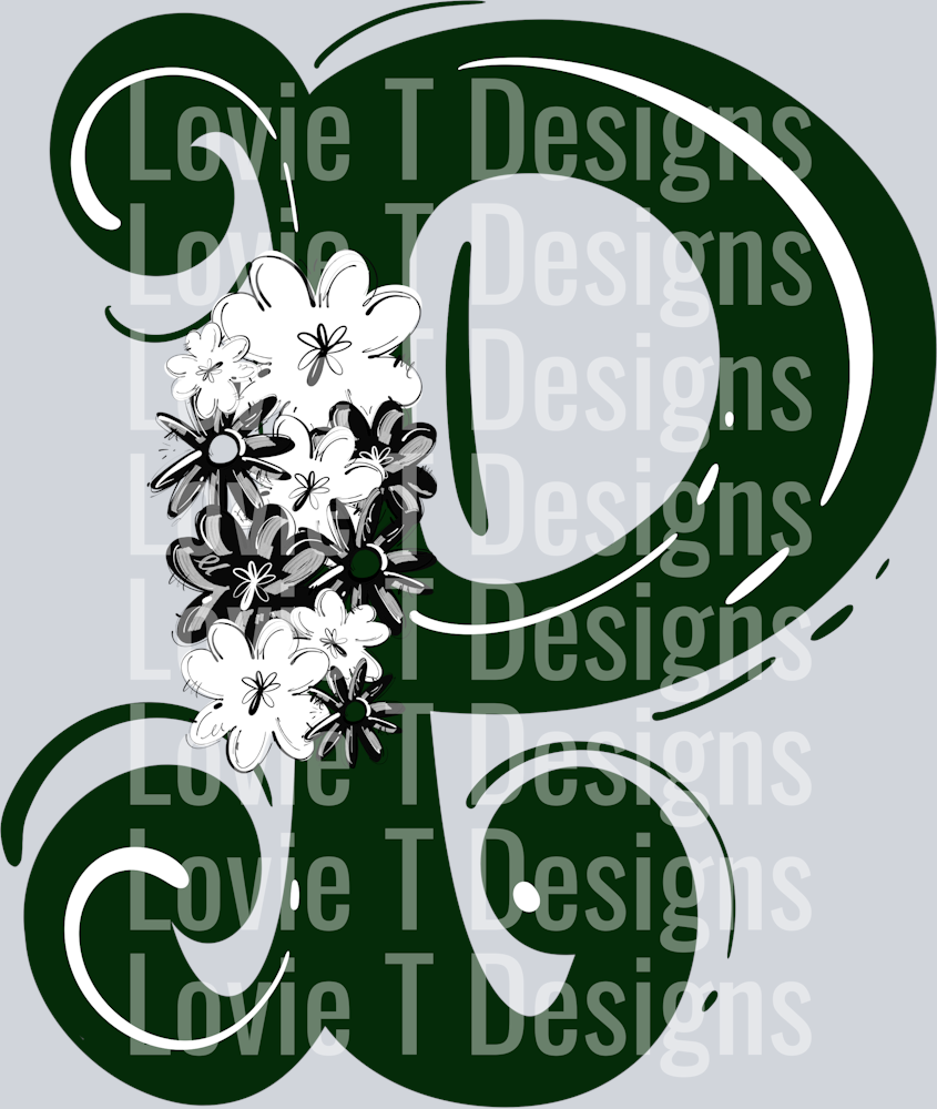 FANCY ALPHABET DARK GREEN P BLACK FLOWER CLUSTER