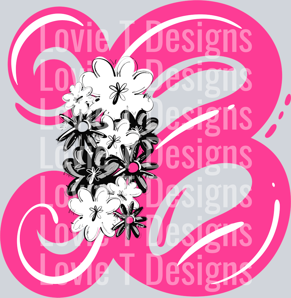 FANCY ALPHABET PINK B WITH BLACK FLOWER CLUSTER