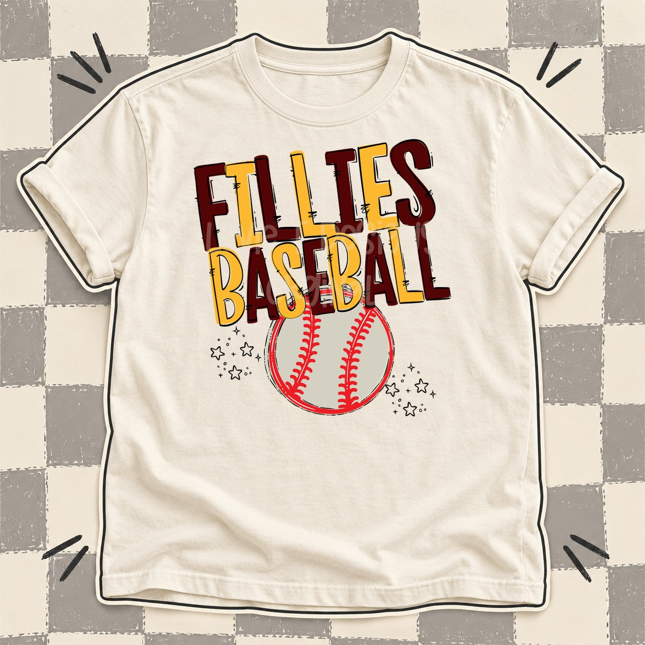 Team Go Baseball Mascots Fillies Maroon Yellow Gold design