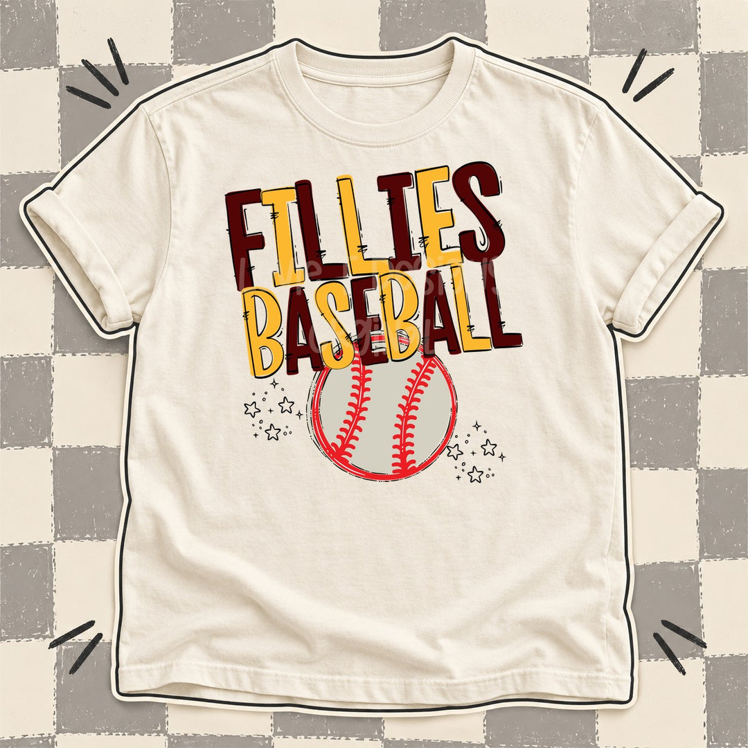 Fillies Maroon Yellow Gold Team Go Baseball Mascots DTF transfer mockup