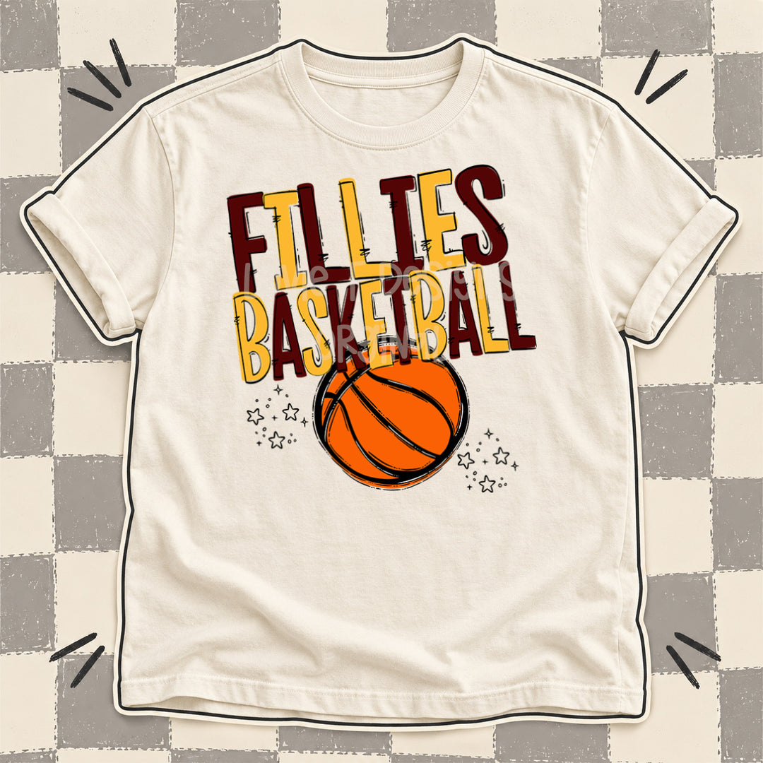 Fillies Maroon Yellow Gold Team Go Basketball Mascots DTF transfer