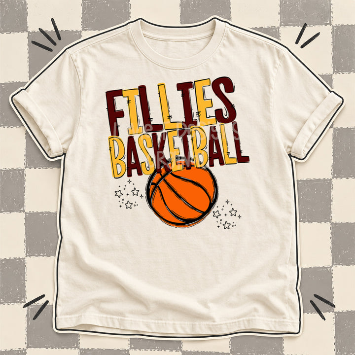 Fillies Maroon Yellow Gold Team Go Basketball Mascots DTF transfer