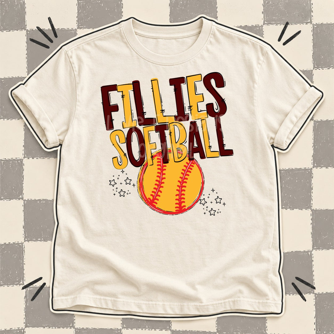Fillies Maroon Yellow Gold Team Go Softball Mascots DTF transfer mockup