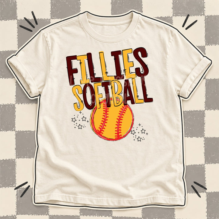 Fillies Maroon Yellow Gold Team Go Softball Mascots DTF transfer mockup