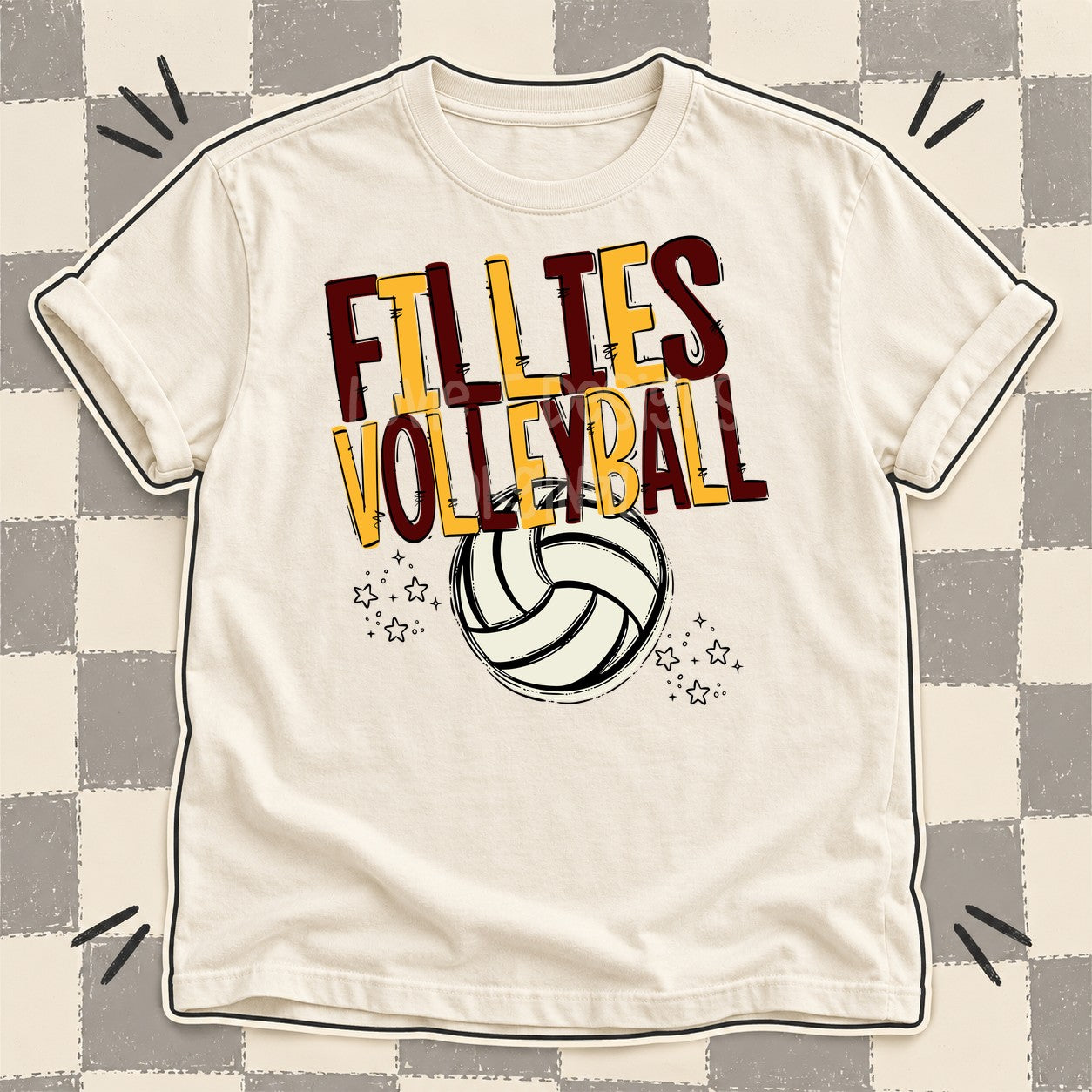 Team Go Volleyball Mascots Fillies Maroon Yellow Gold design