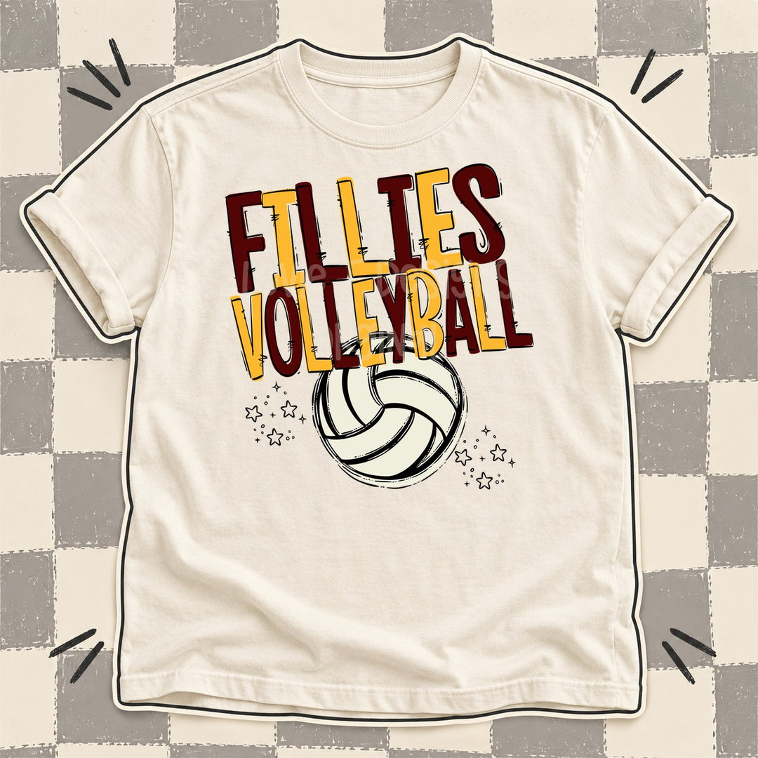Fillies Maroon Yellow Gold Team Go Volleyball Mascots DTF transfer mockup