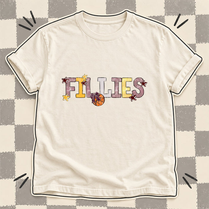 Fillies Maroon Yellow Gold White Mixed Doodle Basketball Mascots – Mascot Colors DTF transfer mockup