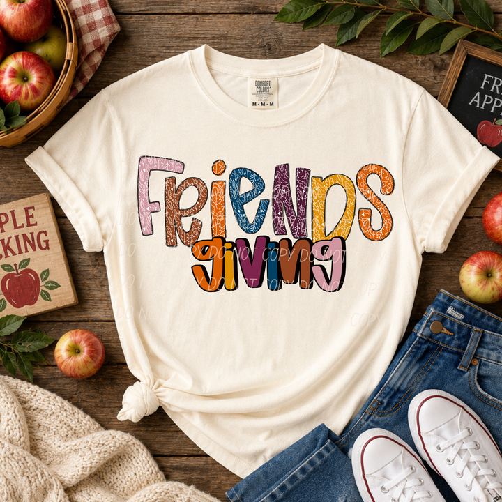 Friendsgiving Thanksgiving DTF transfer shown on apparel