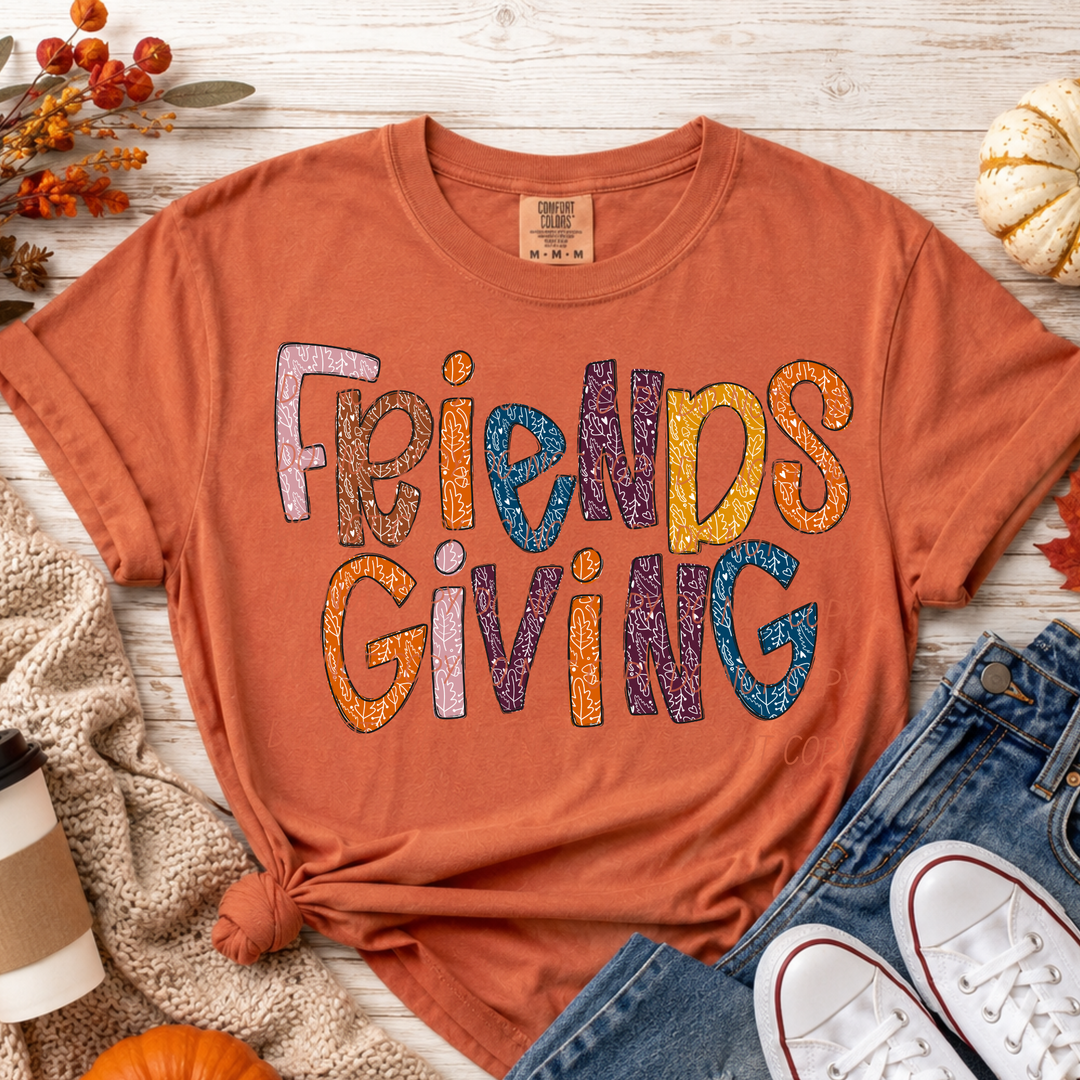 Friendsgiving 3 Thanksgiving DTF transfer shown on apparel