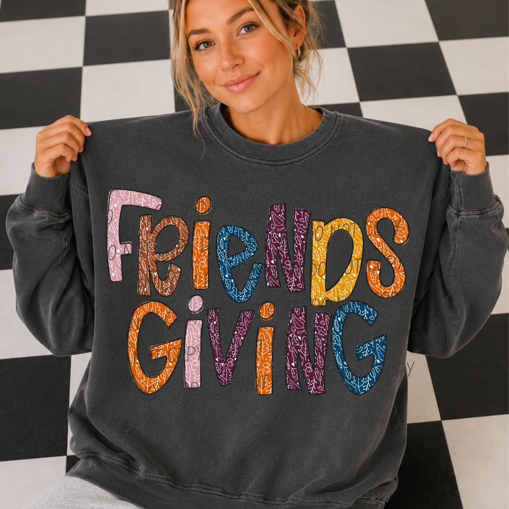 Friendsgiving 3 Thanksgiving DTF transfer shown on apparel
