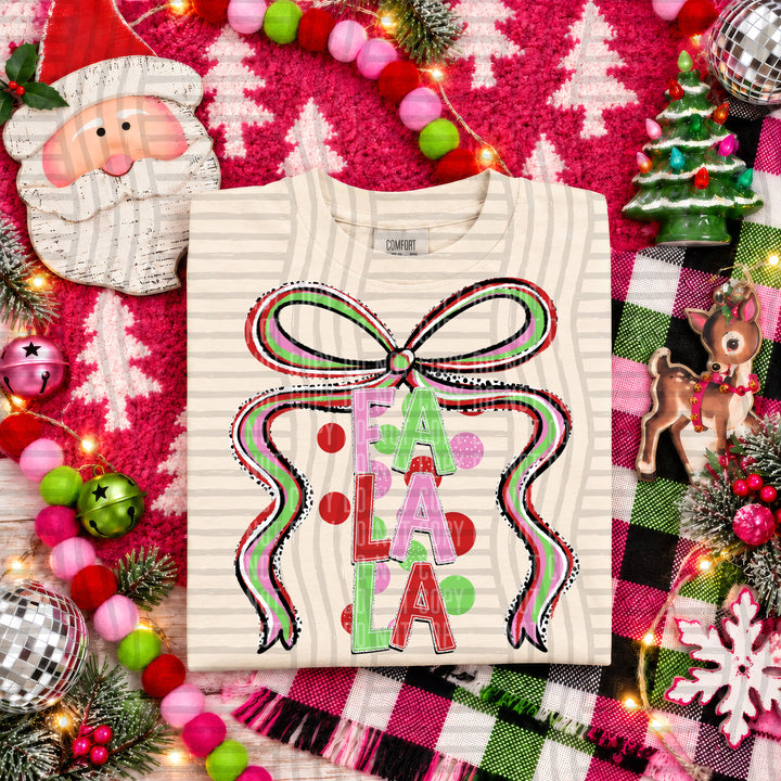 Fa La La Christmas Bow DTF transfer pressed on a tee