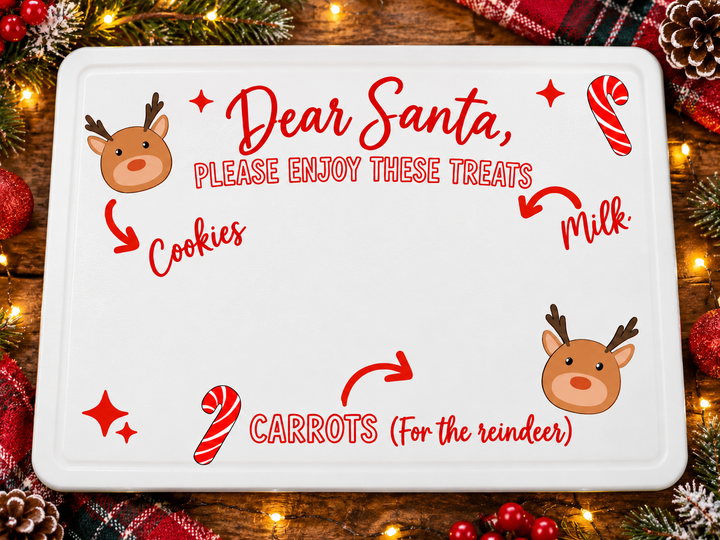 Dear Santa Please Enjoy These Treats red text design on a white cutting board mockup