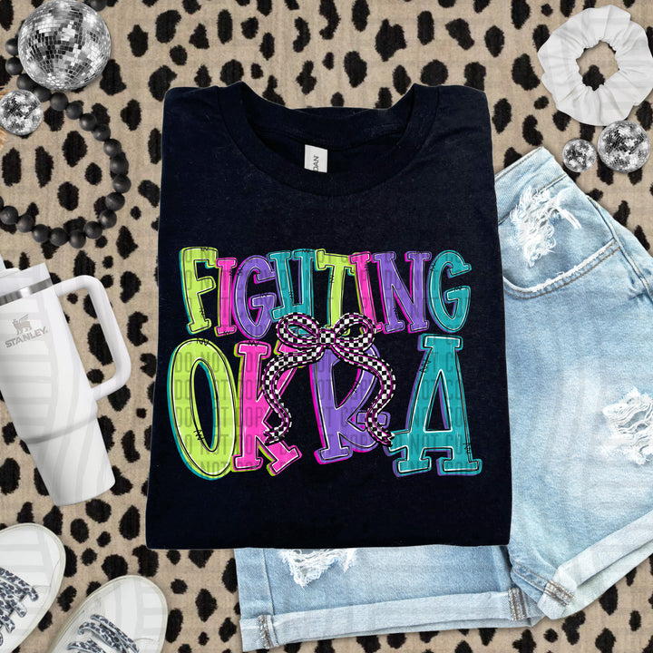 Fighting Okra Checker Neons Stacked mascot DTF transfer
