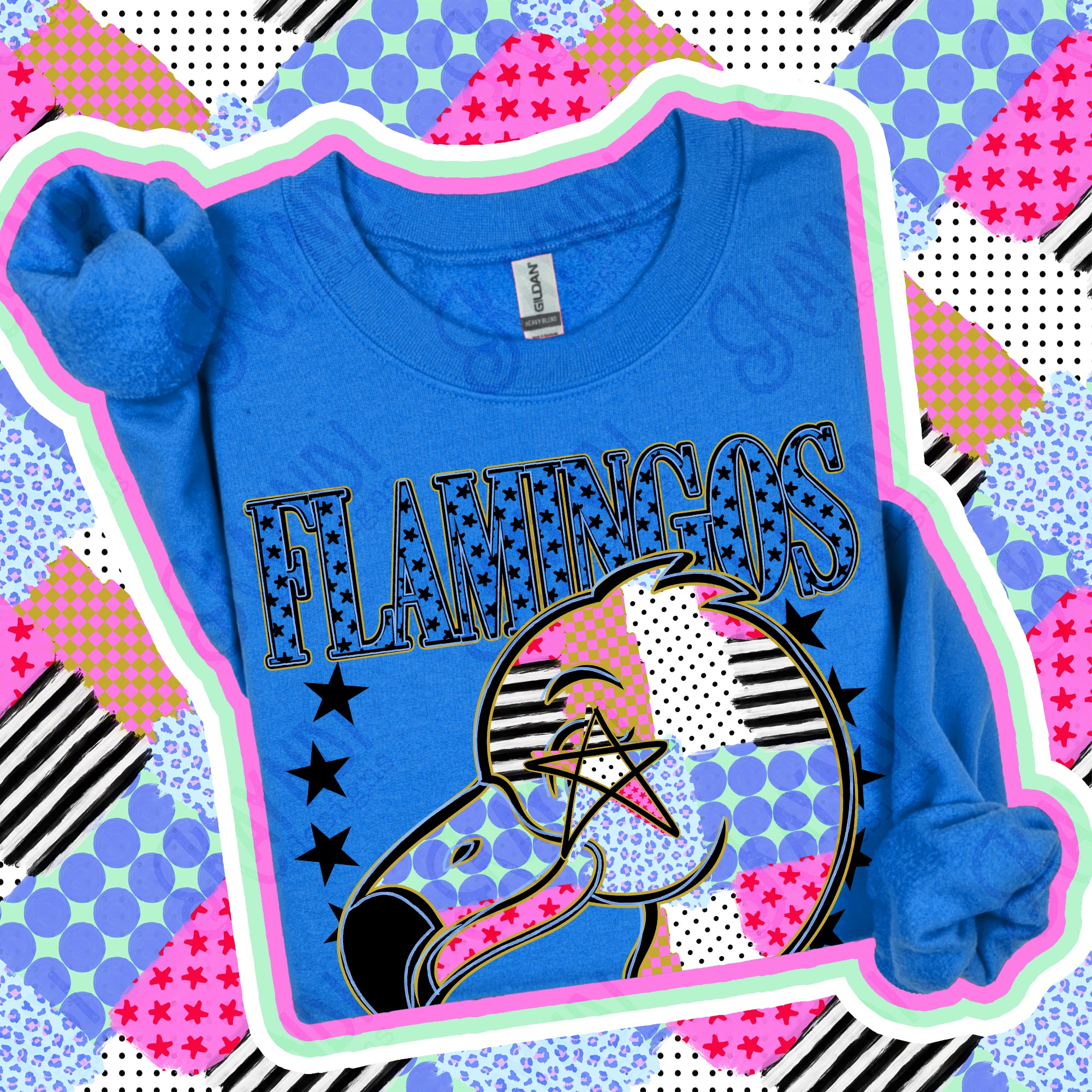 Patchwork Varsity Stars Mascots Flamingos design
