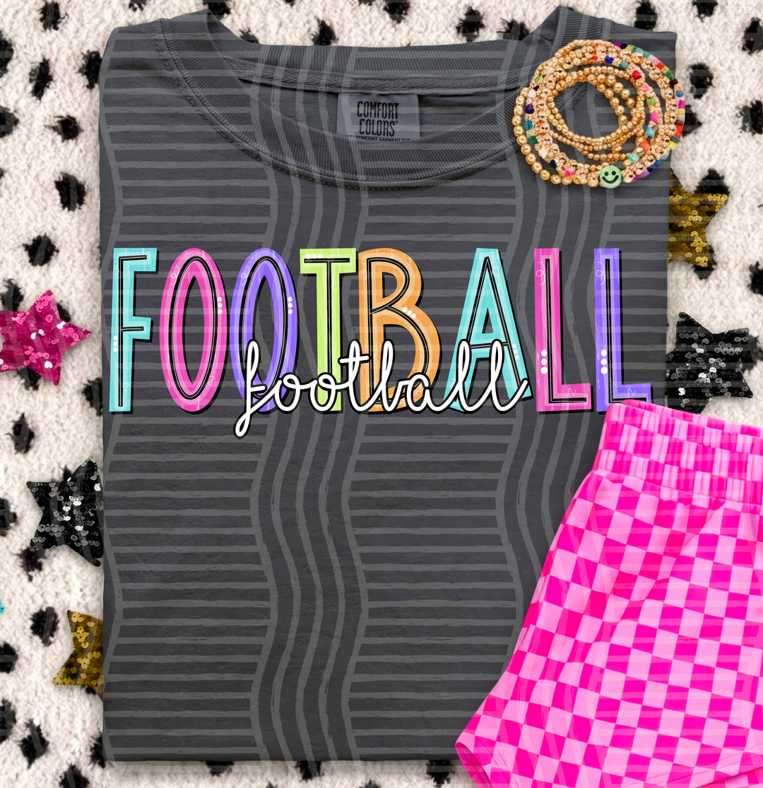 Football Game Day Doodles DTF transfer pressed on a tee