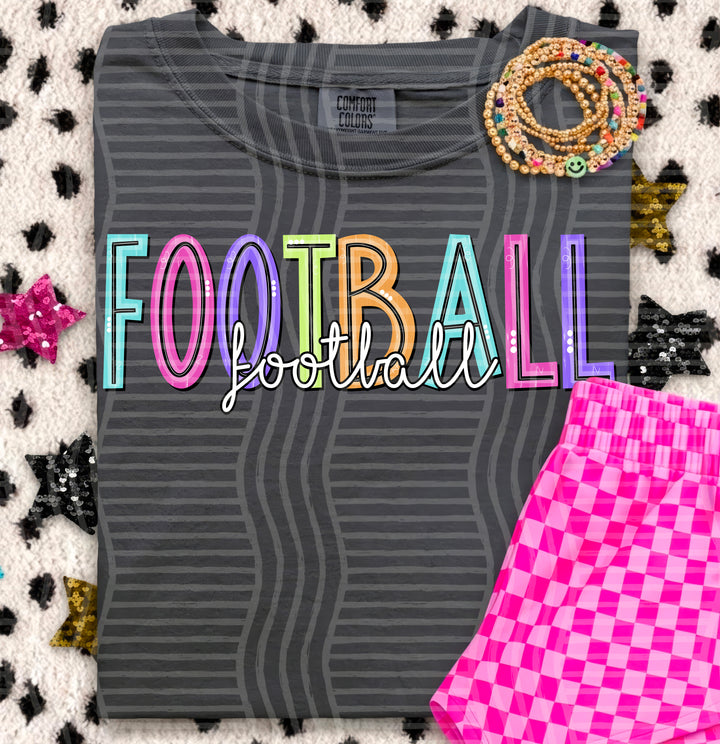 Football Game Day Doodles DTF transfer pressed on a tee
