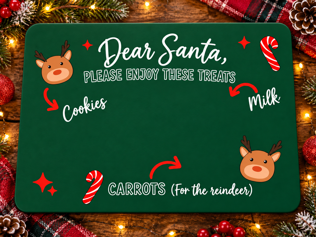 Dear Santa Please Enjoy These Treats white text design on a forest green placemat mockup