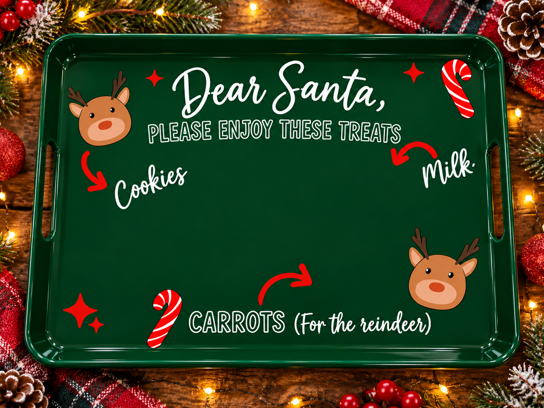 Dear Santa Please Enjoy These Treats white text design on a forest green serving tray mockup