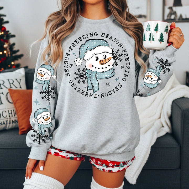 Freezing Season Snowman Circle (Black) front and sleeve DTF transfers – mockup
