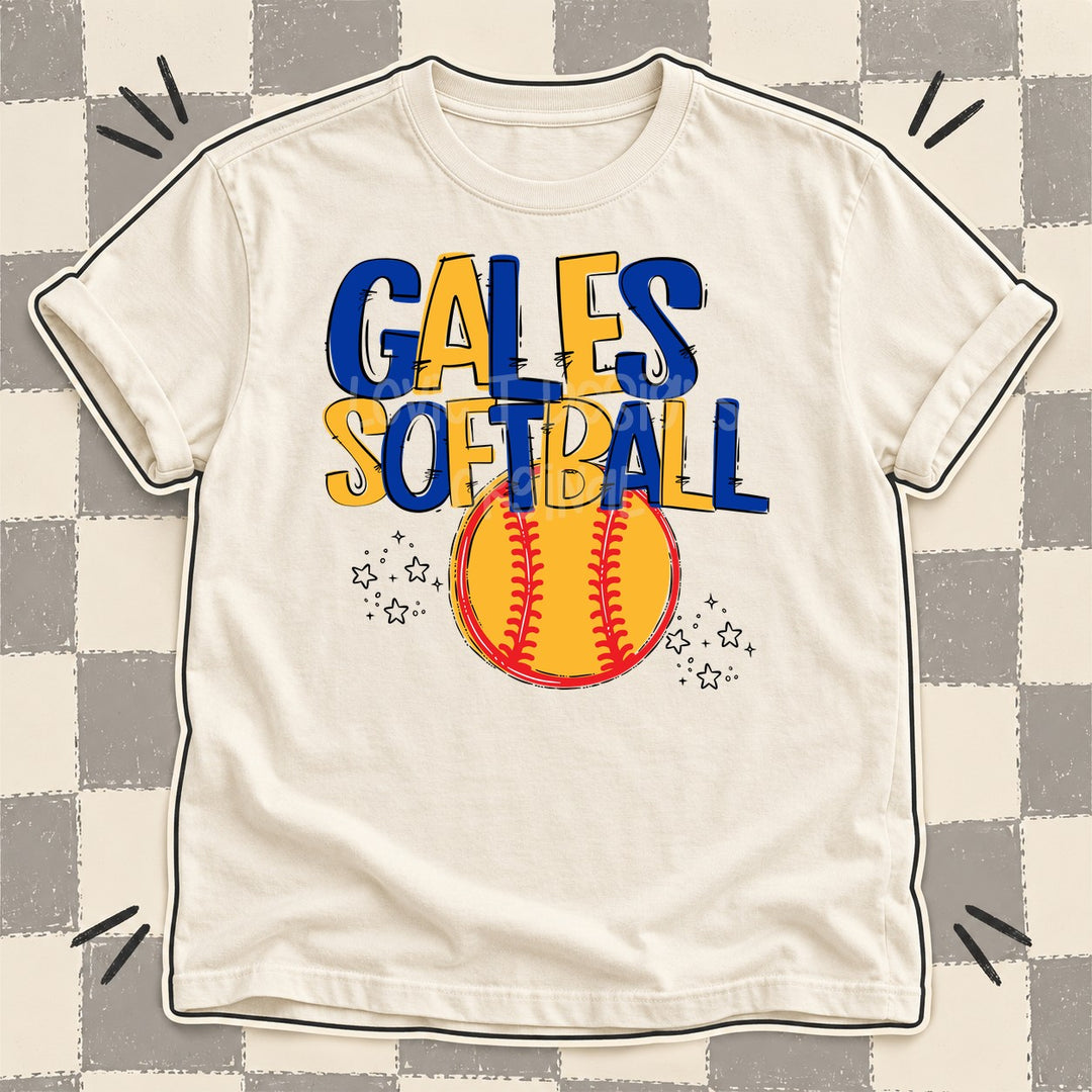 Gales Royal Blue Yellow Gold Team Go Softball Mascots DTF transfer mockup