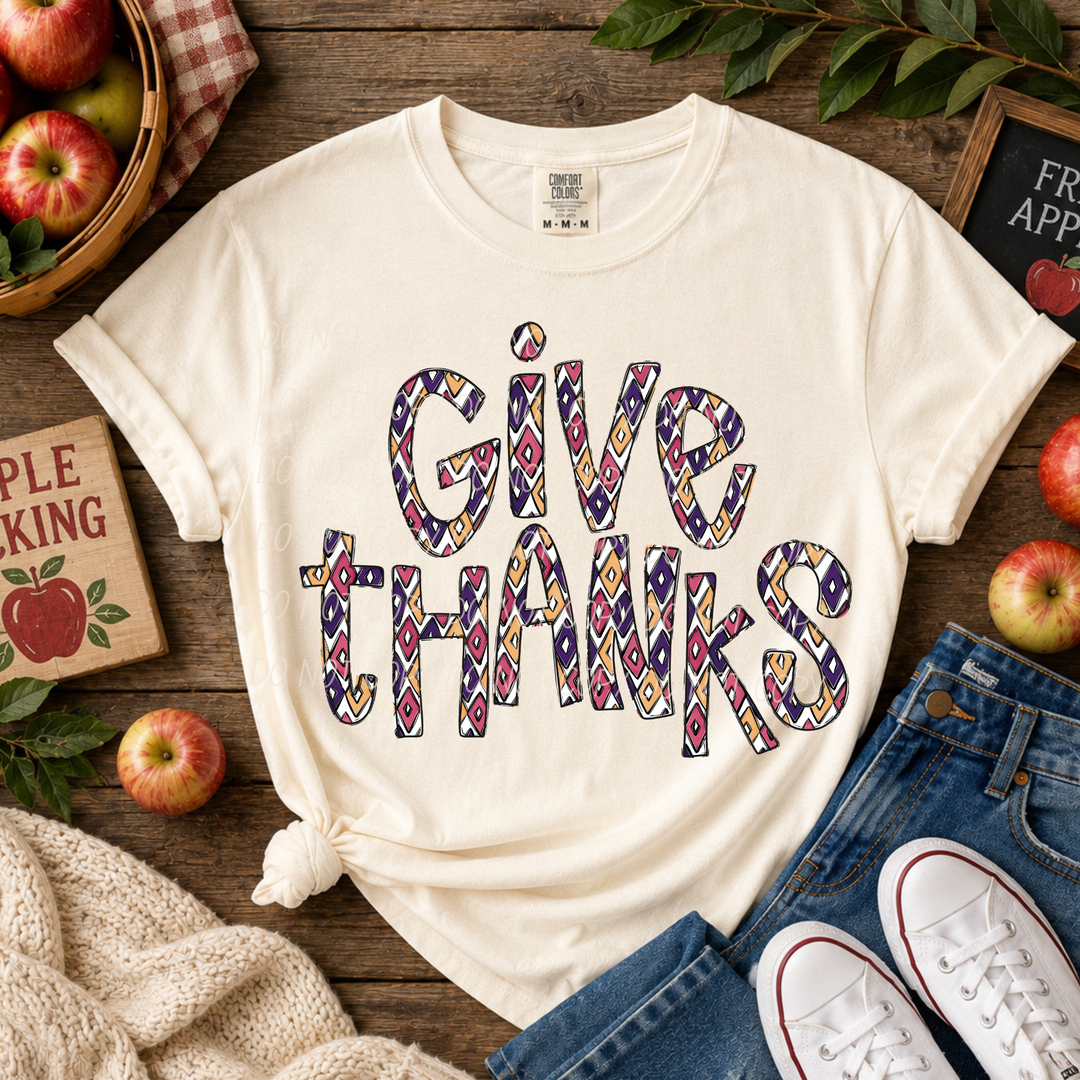 Give Thanks Thanksgiving DTF transfer shown on apparel