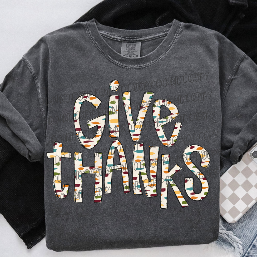 Give Thanks 4 Thanksgiving DTF transfer shown on apparel