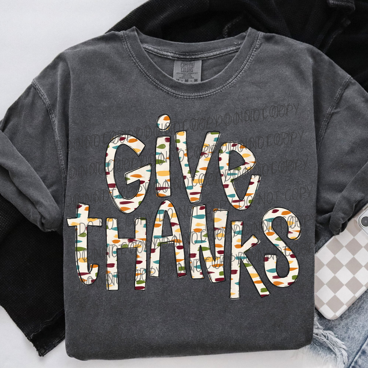 Give Thanks 4 Thanksgiving DTF transfer shown on apparel