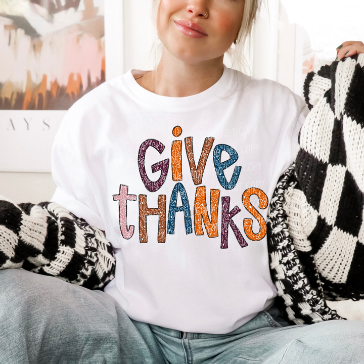 Give Thanks Leaves Thanksgiving DTF transfer shown on apparel