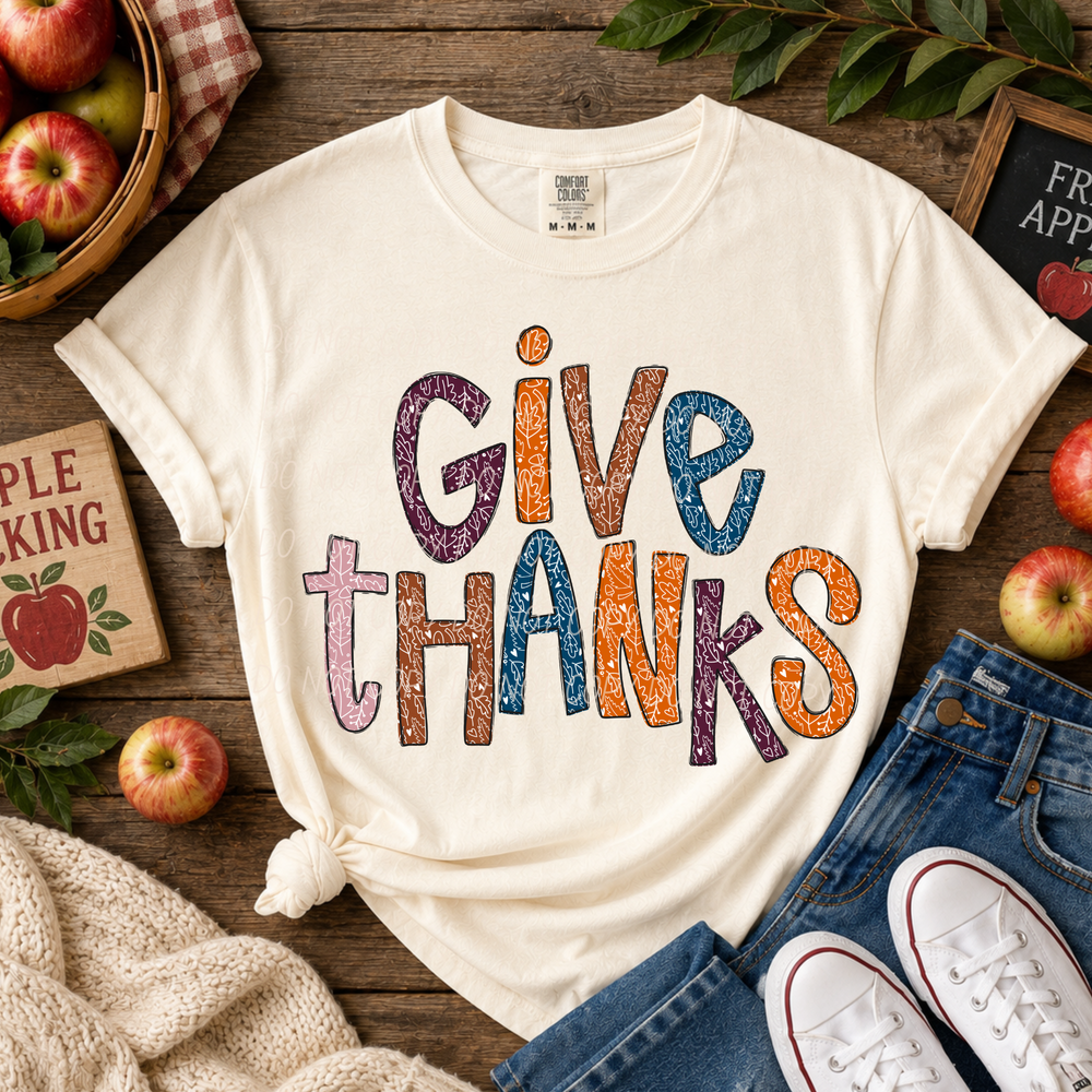 Give Thanks Leaves Thanksgiving DTF transfer shown on apparel