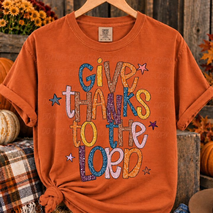 Give Thanks Lord Thanksgiving DTF transfer shown on apparel