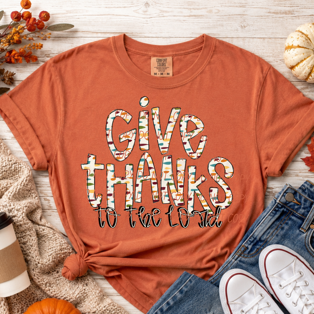 Give Thanks to the Lord Thanksgiving DTF transfer shown on apparel