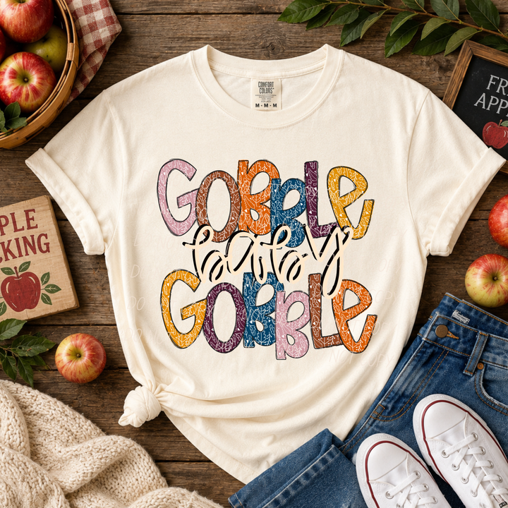 Gobble Baby Gobble Thanksgiving DTF transfer shown on apparel