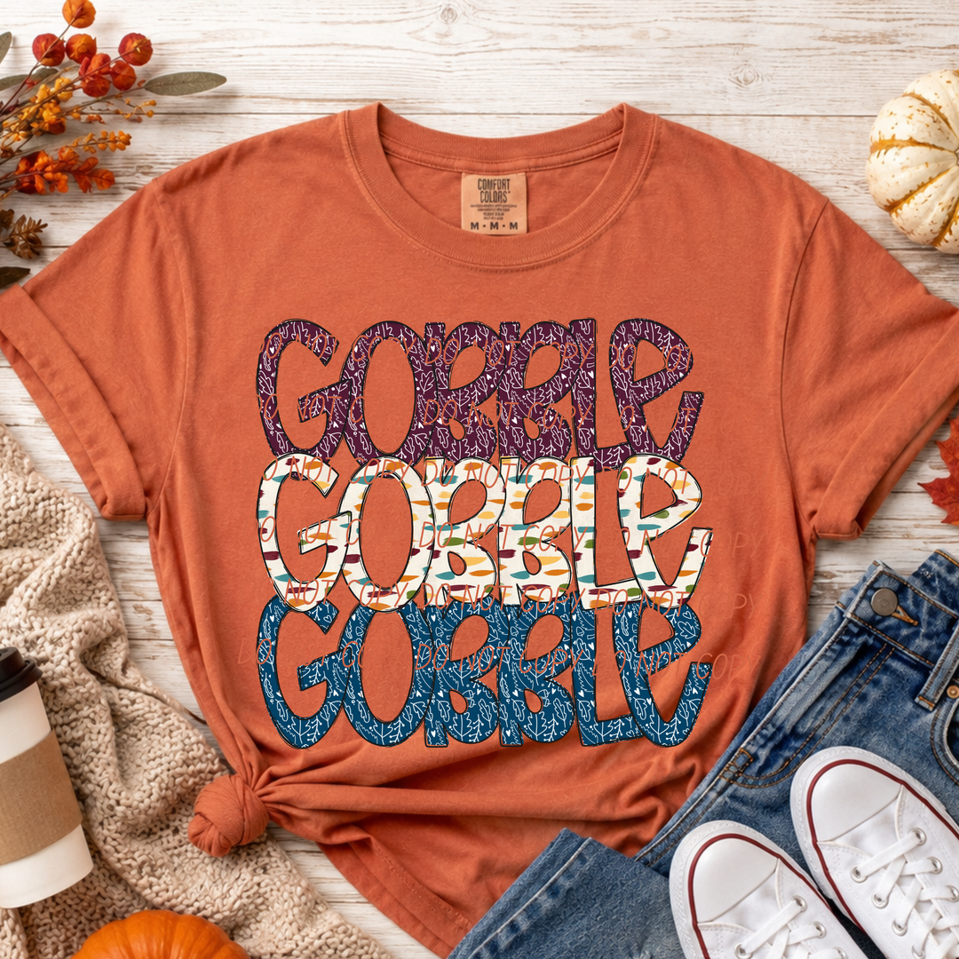 Gobble Gobble Thanksgiving DTF transfer shown on apparel