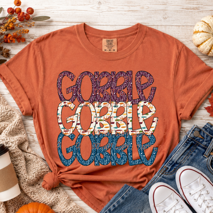 Gobble Gobble Thanksgiving DTF transfer shown on apparel