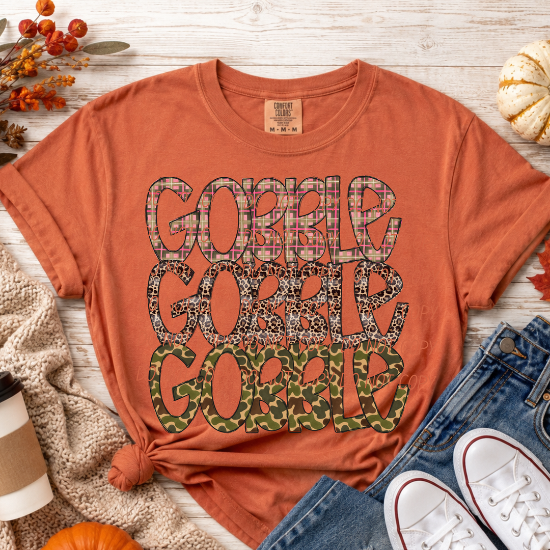 Gobble Gobble Camo Thanksgiving DTF transfer shown on apparel