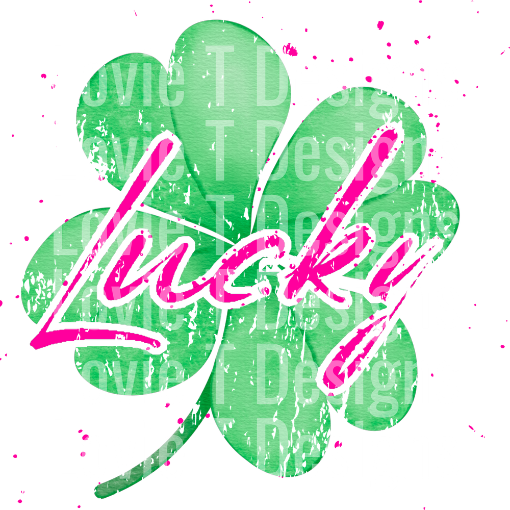 green lucky shamrock with pink writing