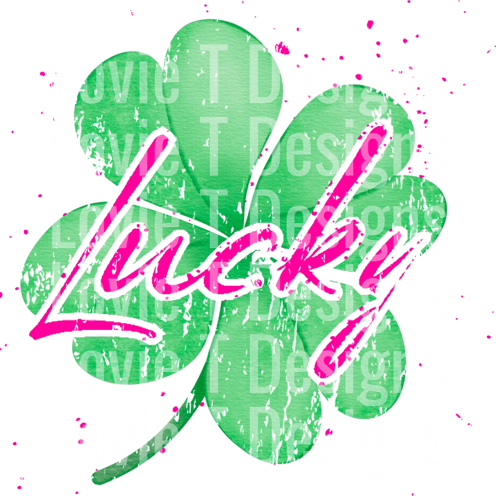 green lucky shamrock with pink writing