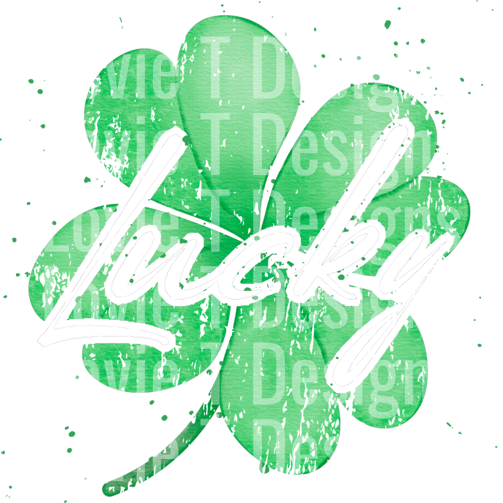green lucky shamrock with white writing