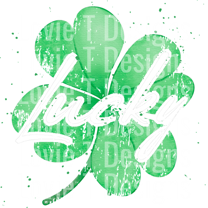 green lucky shamrock with white writing