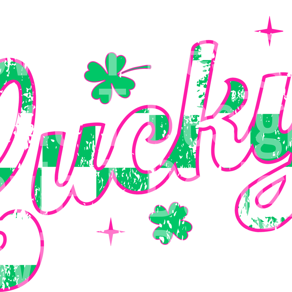 greenchechered retro lucky pink outline