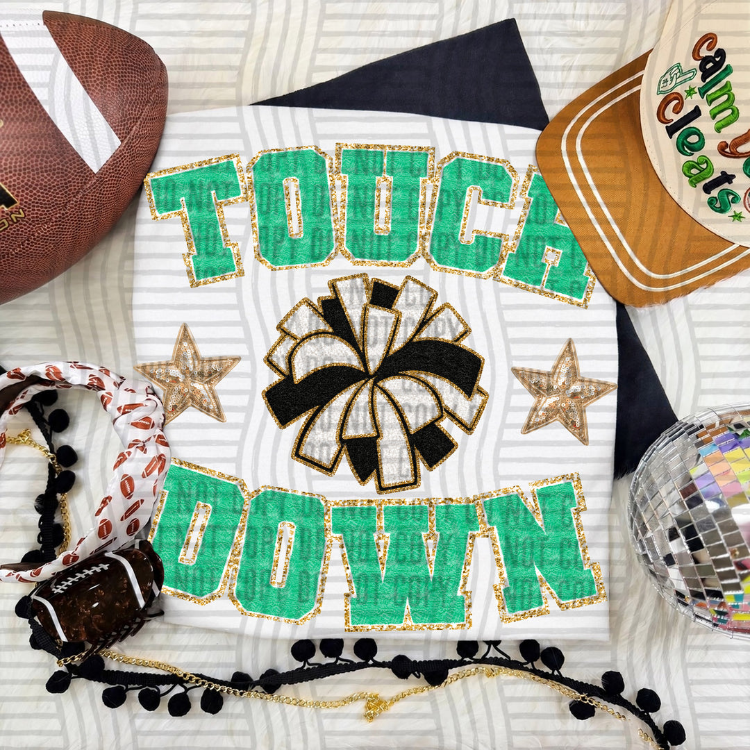 Green Touchdown Faux Chenille Cheer DTF transfer