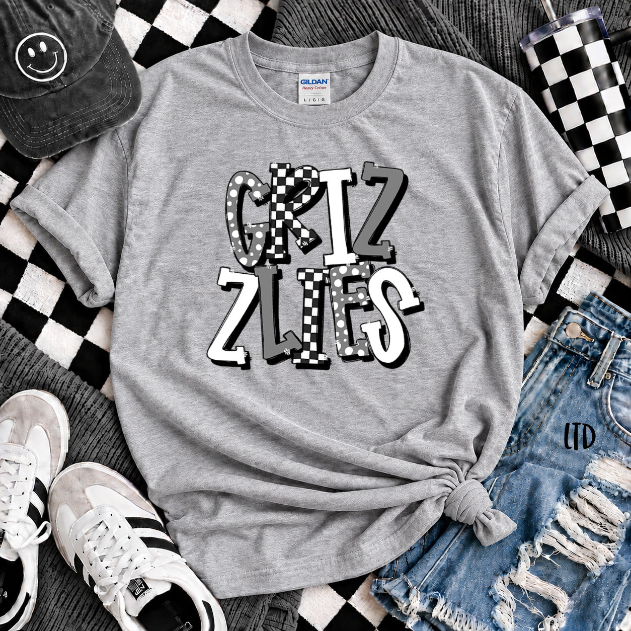 Dot Dot Check Mix Mascots Grizzlies Black White Gray design