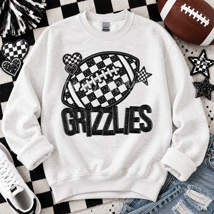 Grizzlies Checkered Football Faux Embroidery mascot DTF transfer