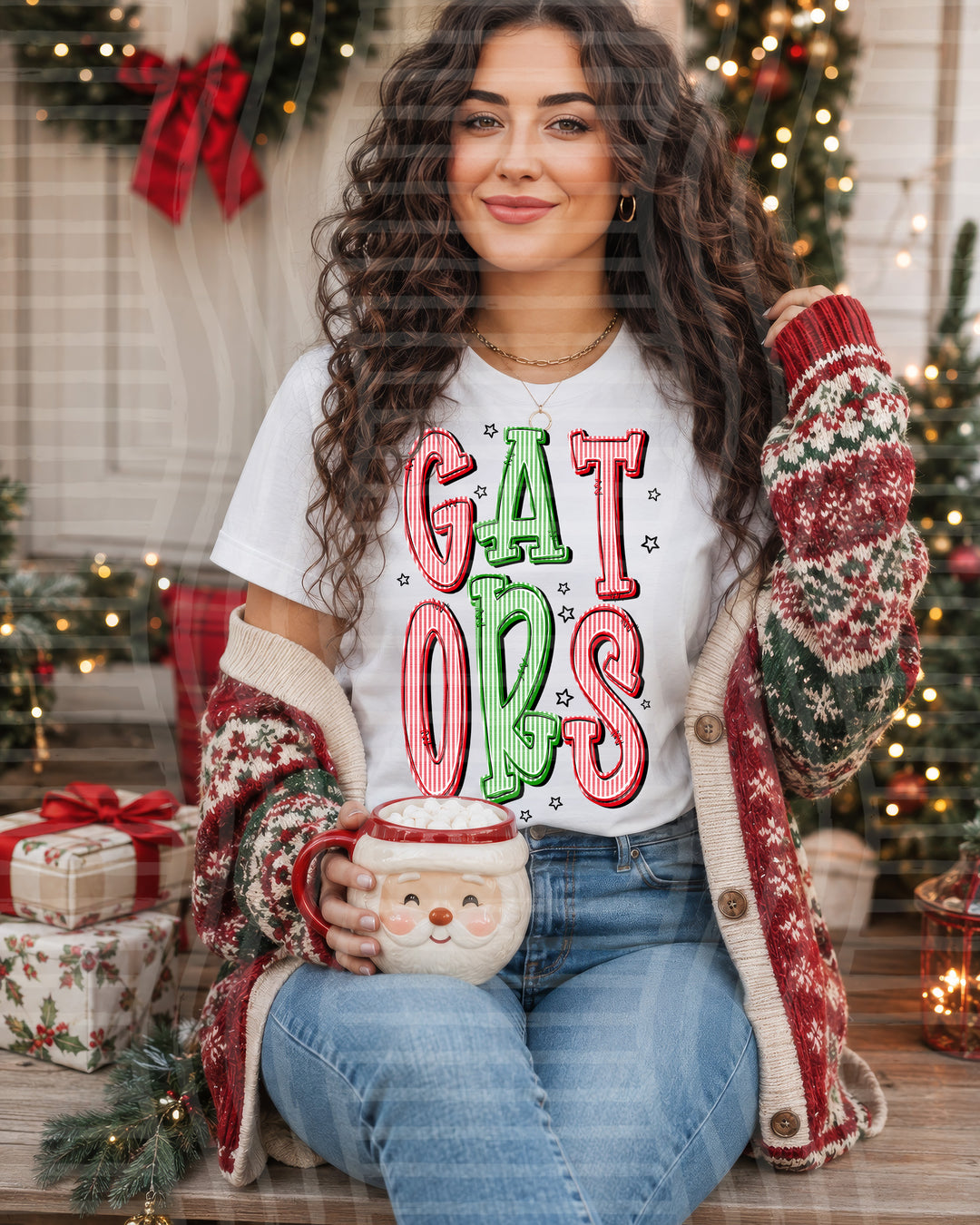 Gators Red and Green Christmas Seersucker Mascots DTF transfer