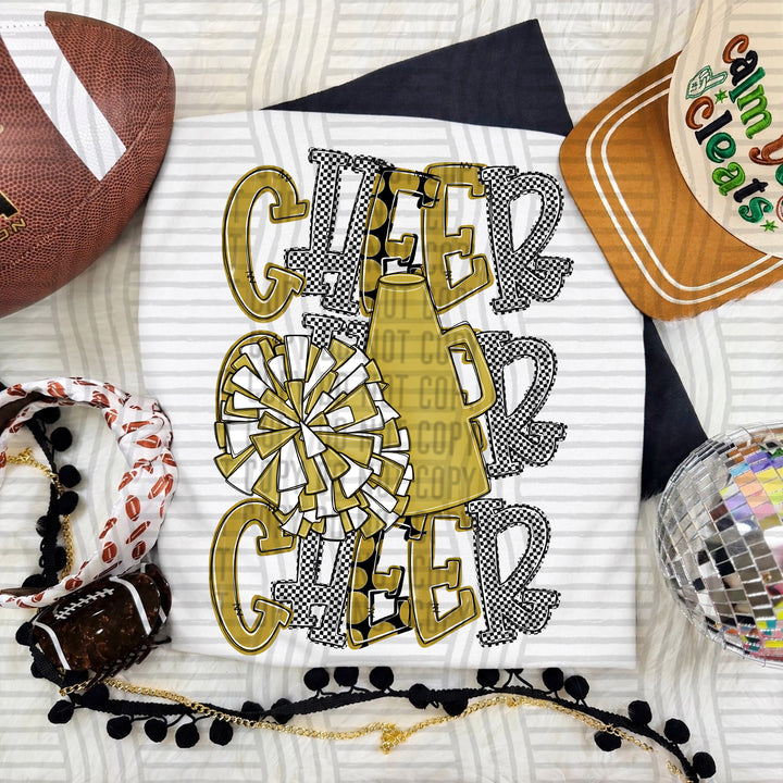 Gold Tri Stacked Cheer DTF transfer on a white tee